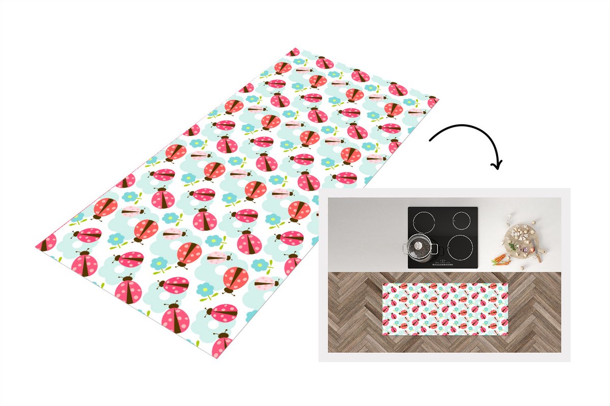 KitchenYeah Keukenloper - Loper keuken - Meiden - Lieveheersbeestje - Bloemen - Patronen - 120x50 cm - Keukenloper vinyl Multicolor