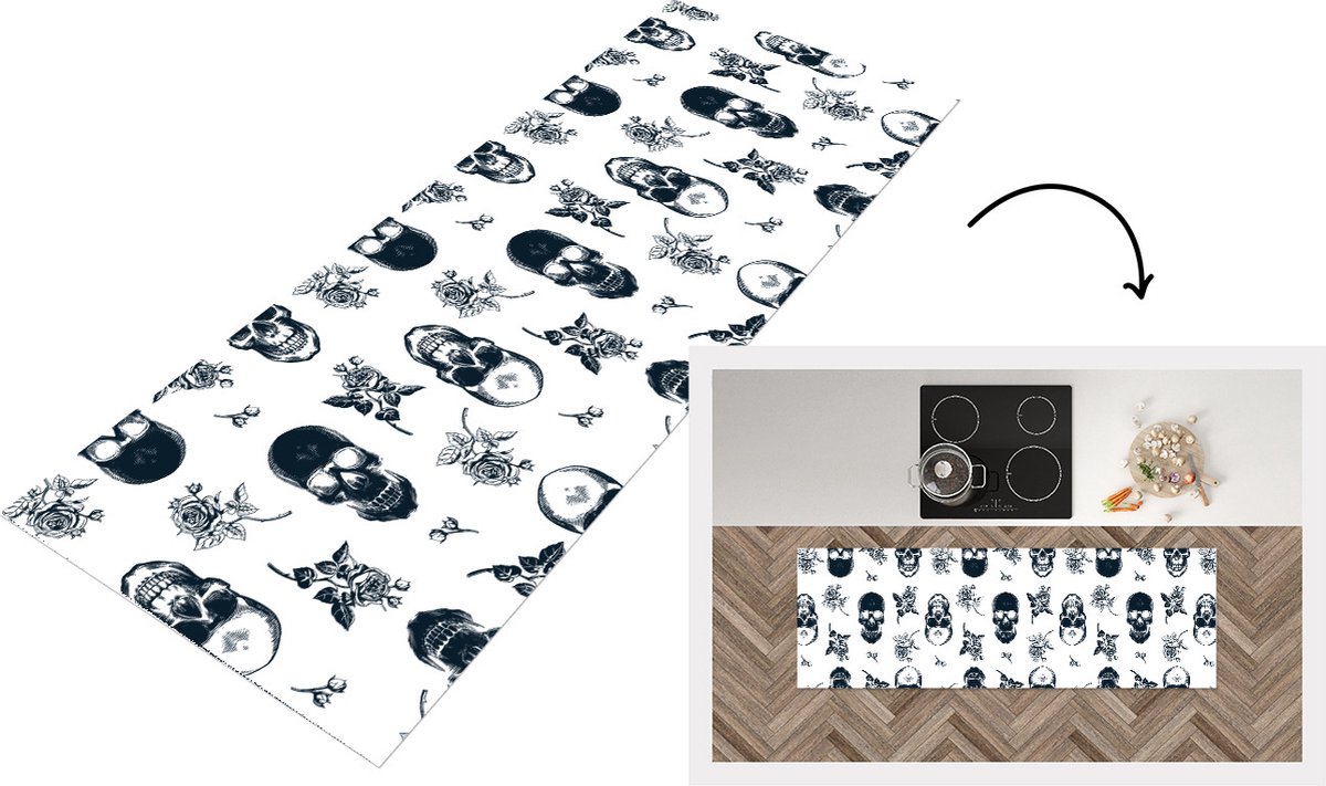 KitchenYeah Keukenloper - Loper keuken - Tiener - Skull - Rozen - Patroon - 150x50 cm - Keukenloper vinyl Multicolor