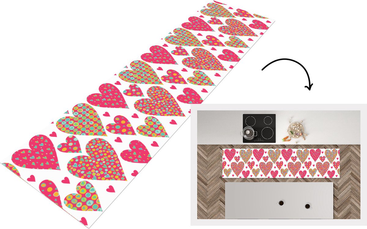 KitchenYeah Keukenloper - Loper keuken - Meisje - Hart - Love - Patronen - 240x60 cm - Keukenloper vinyl Multicolor