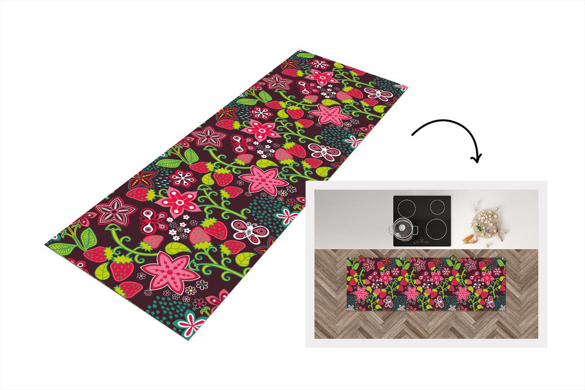 KitchenYeah Keukenloper - Loper keuken - Meisjes - Fruit - Bloemen - Patronen - 150x50 cm - Keukenloper vinyl Multicolor