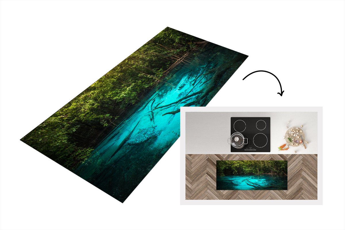 KitchenYeah Keukenloper - Loper keuken - Helderblauw meer in de jungle - 120x50 cm - Keukenloper vinyl Multicolor