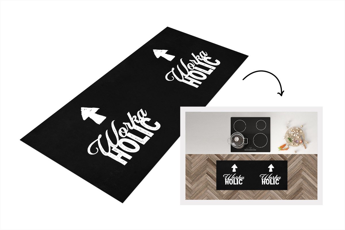 KitchenYeah Keukenloper - Loper keuken - Quotes - Zwart - Wit - Workaholic - Keukenloper vinyl Multicolor