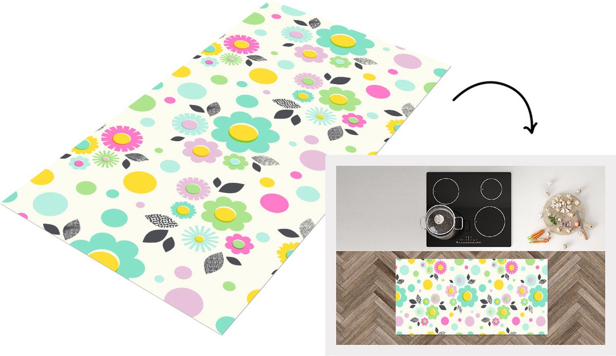 KitchenYeah Keukenloper - Loper keuken - Patronen - Bloemen - Bladeren - 120x60 cm - Keukenloper vinyl Multicolor