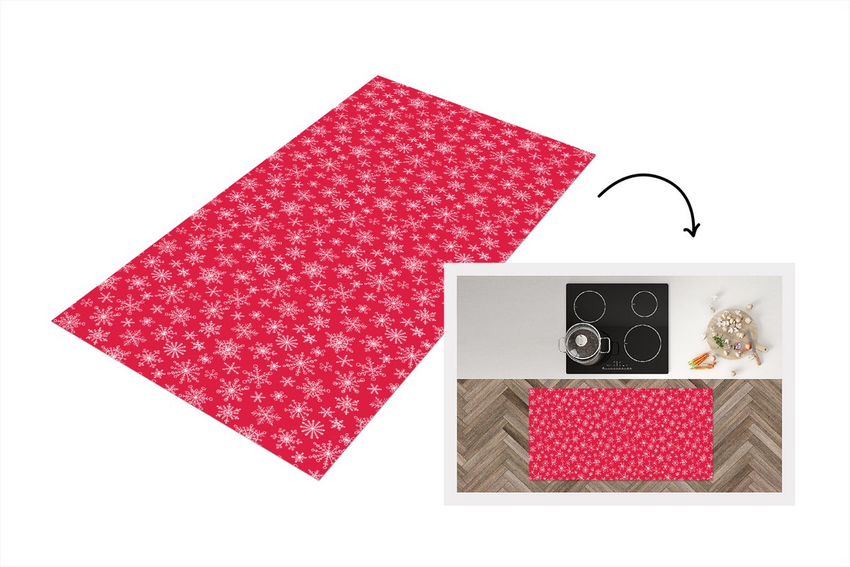KitchenYeah Keukenloper - Loper keuken - Sneeuwvlok - Rood - Wit - Design - 120x60 cm - Keukenloper vinyl Multicolor
