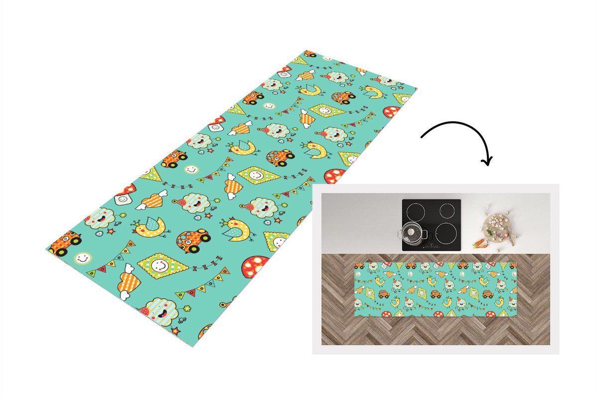 KitchenYeah Keukenloper - Loper keuken - Patroon - Kinderen - Auto - Vogel - 180x60 cm - Keukenloper vinyl Multicolor