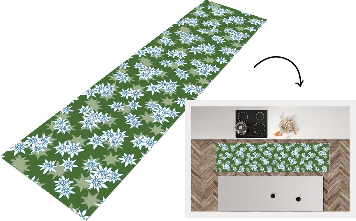 KitchenYeah Keukenloper - Loper keuken - Edelweiss - Groen - Bloemen - Patronen - Keukenloper vinyl, foto 6