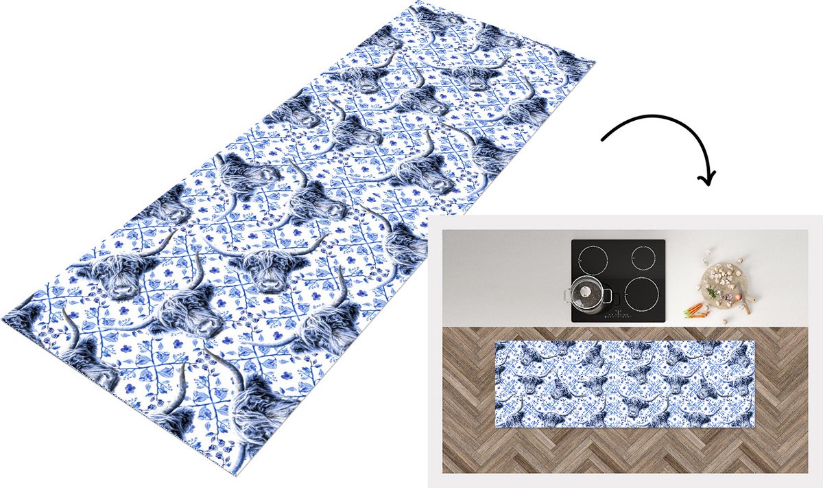 KitchenYeah Keukenloper - Loper keuken - Delfts blauw - Schotse hooglander - Dieren - 180x60 cm - Keukenloper vinyl Multicolor