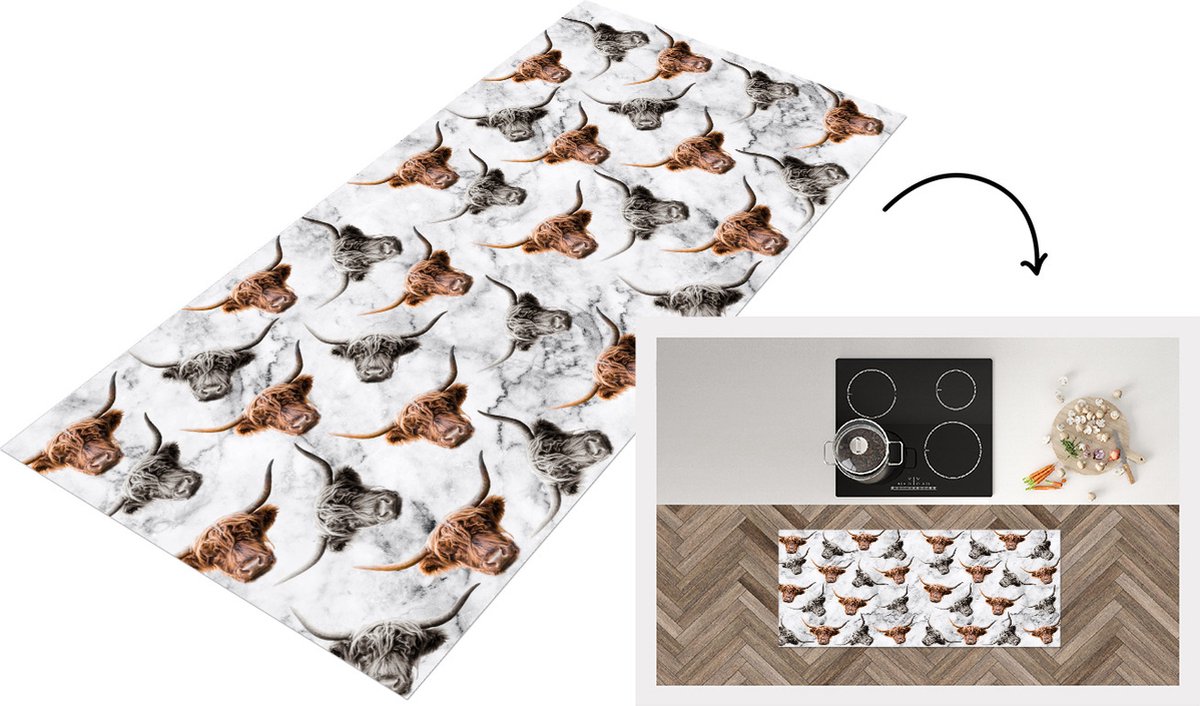 KitchenYeah Keukenloper - Loper keuken - Schotse hooglander - Dieren - Patroon - 120x50 cm - Keukenloper vinyl Multicolor