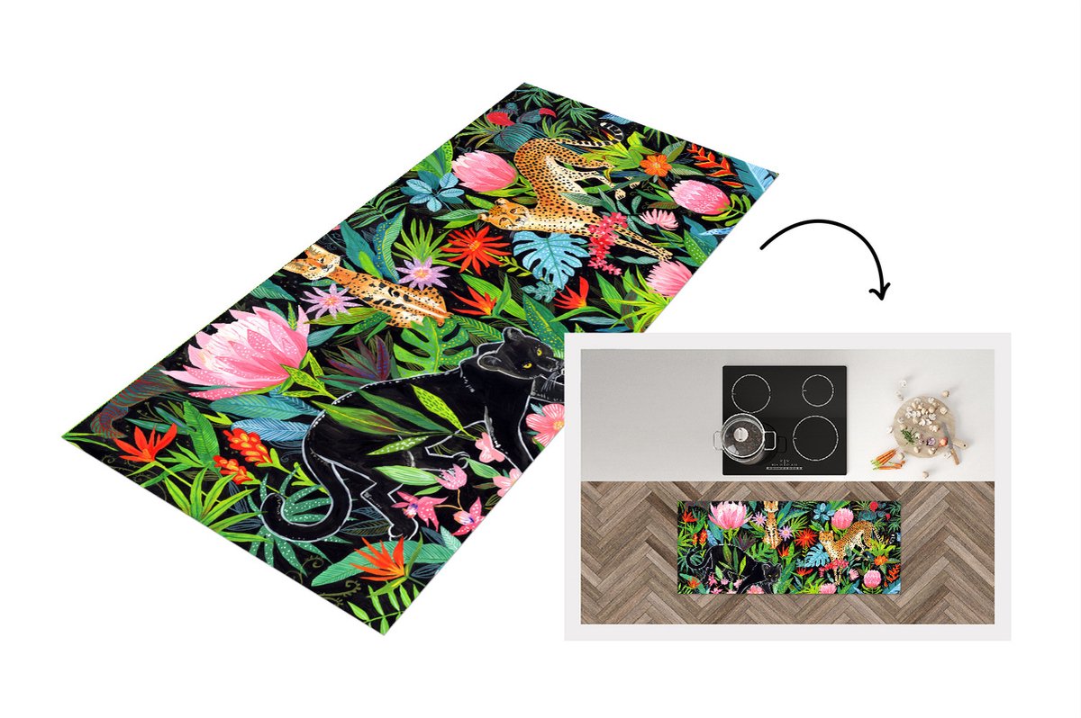 KitchenYeah Keukenloper - Loper keuken - Jungle - Dieren - Bloemen - 120x50 cm - Keukenloper vinyl Multicolor