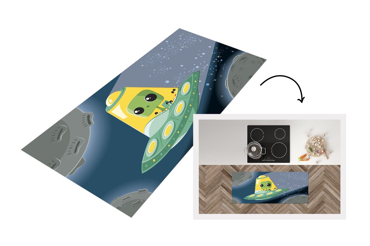 KitchenYeah Keukenloper - Loper keuken - Illustratie - Kinderen - Ufo - 120x50 cm - Keukenloper vinyl Multicolor