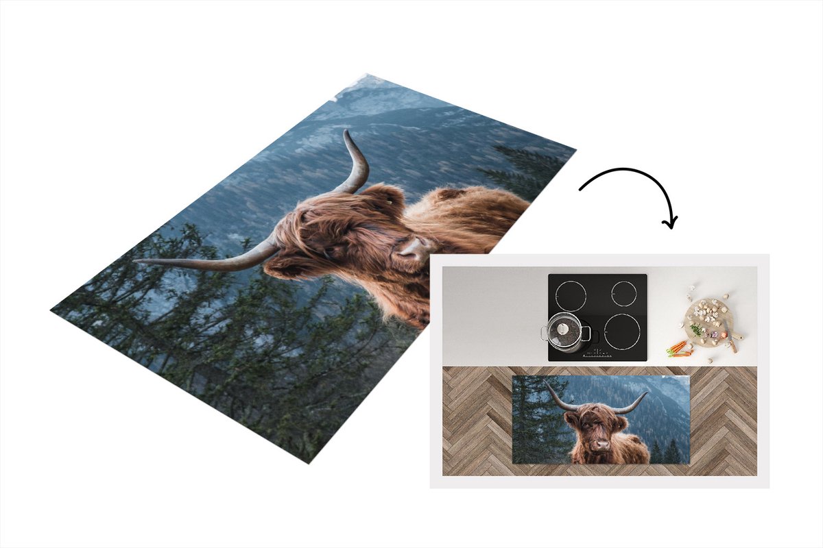 KitchenYeah Keukenloper - Loper keuken - Schotse hooglander - Bomen - Berg - 120x60 cm - Keukenloper vinyl Multicolor