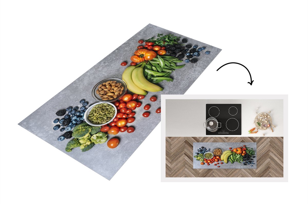 KitchenYeah Keukenloper - Loper keuken - Groente - Fruit - Grijs - 120x50 cm - Keukenloper vinyl Multicolor