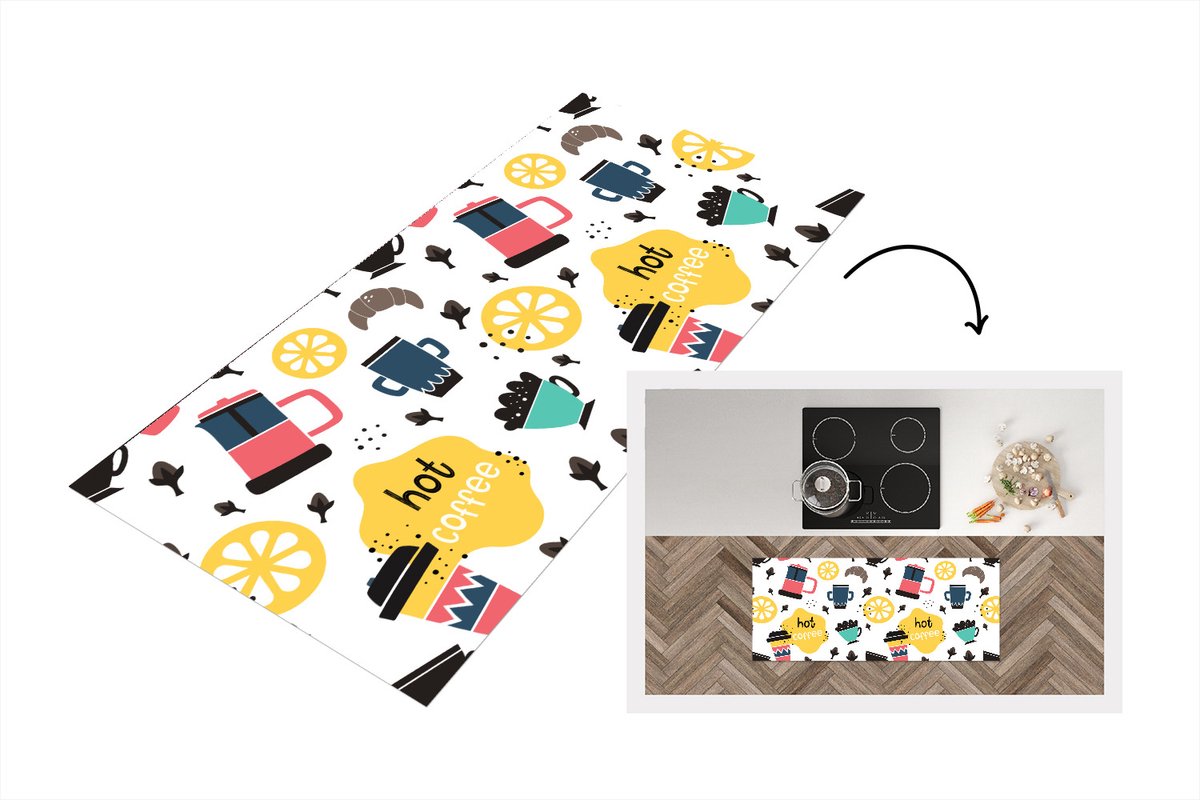 KitchenYeah Keukenloper - Loper keuken - Patronen - Koffie - Ontbijt - Croissant - 120x50 cm - Keukenloper vinyl Multicolor