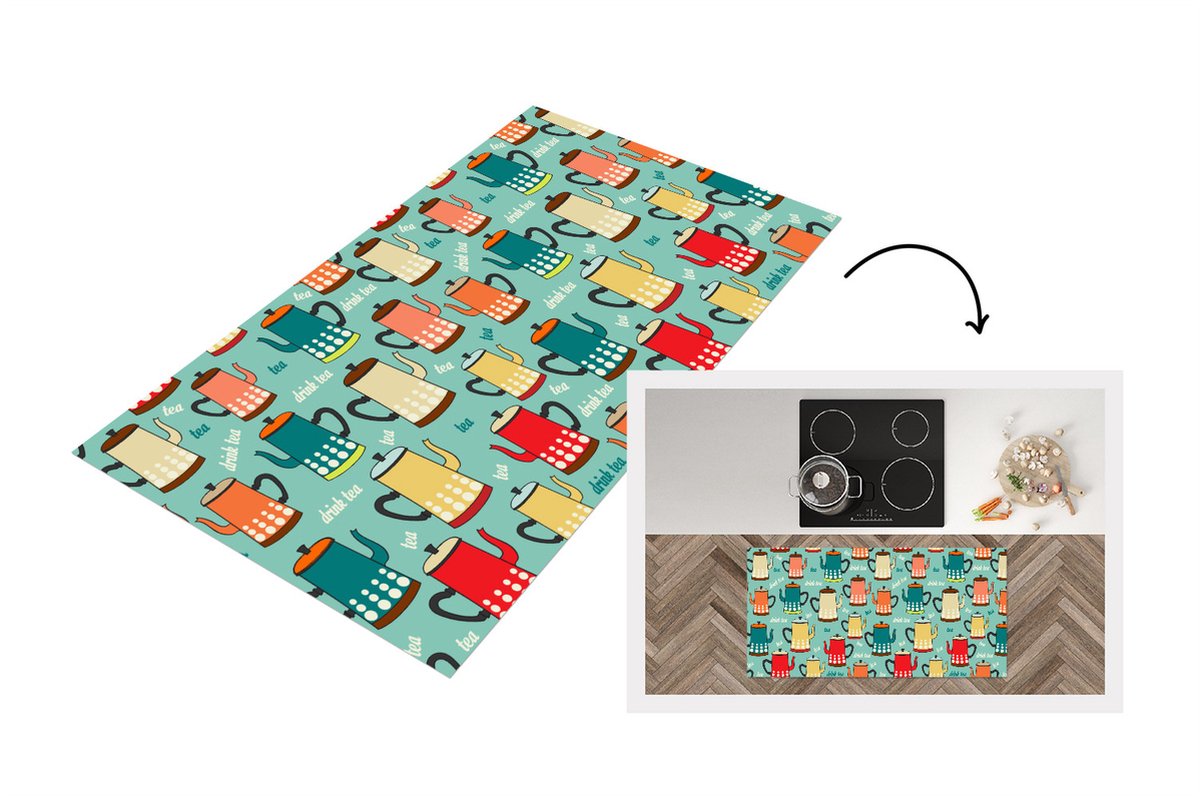 KitchenYeah Keukenloper - Loper keuken - Patronen - Thee - Theepot - Vintage - 120x60 cm - Keukenloper vinyl Multicolor