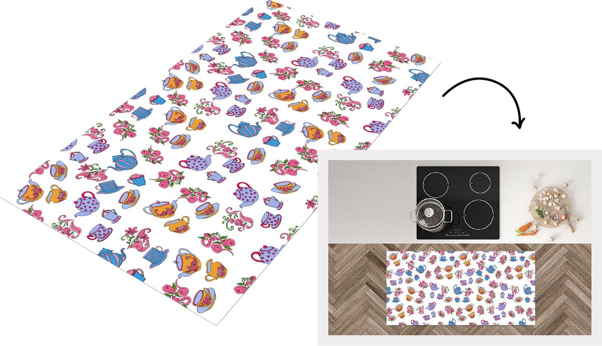 KitchenYeah Keukenloper - Loper keuken - Patronen - Thee - Rozen - Theepot - 120x60 cm - Keukenloper vinyl Multicolor