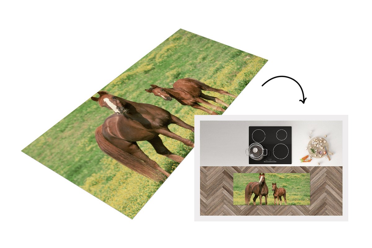 KitchenYeah Keukenloper - Loper keuken - Paarden - Gras - Bruin - 120x50 cm - Keukenloper vinyl Multicolor