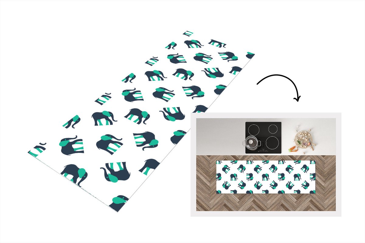 KitchenYeah Keukenloper - Loper keuken - Olifant - Patroon - Groen - 180x60 cm - Keukenloper vinyl Multicolor