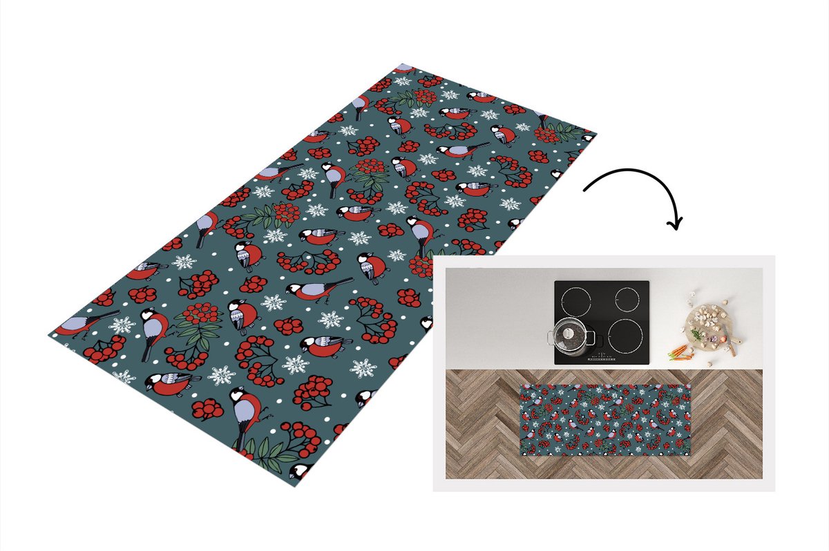 KitchenYeah Keukenloper - Loper keuken - Vogel - Kerstmis - Sneeuw - Bes - Patronen - 120x50 cm - Keukenloper vinyl Multicolor