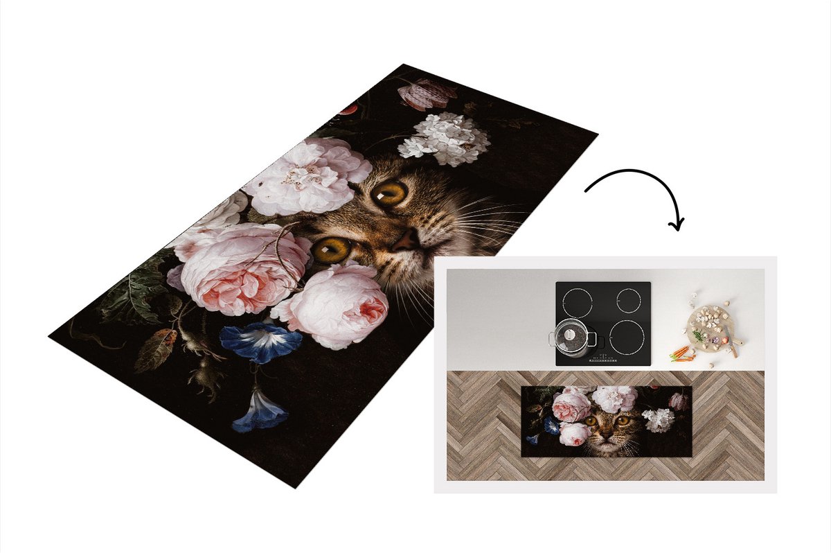 KitchenYeah Keukenloper - Loper keuken - Kat - Bloemen - Dieren - 120x50 cm - Keukenloper vinyl Multicolor