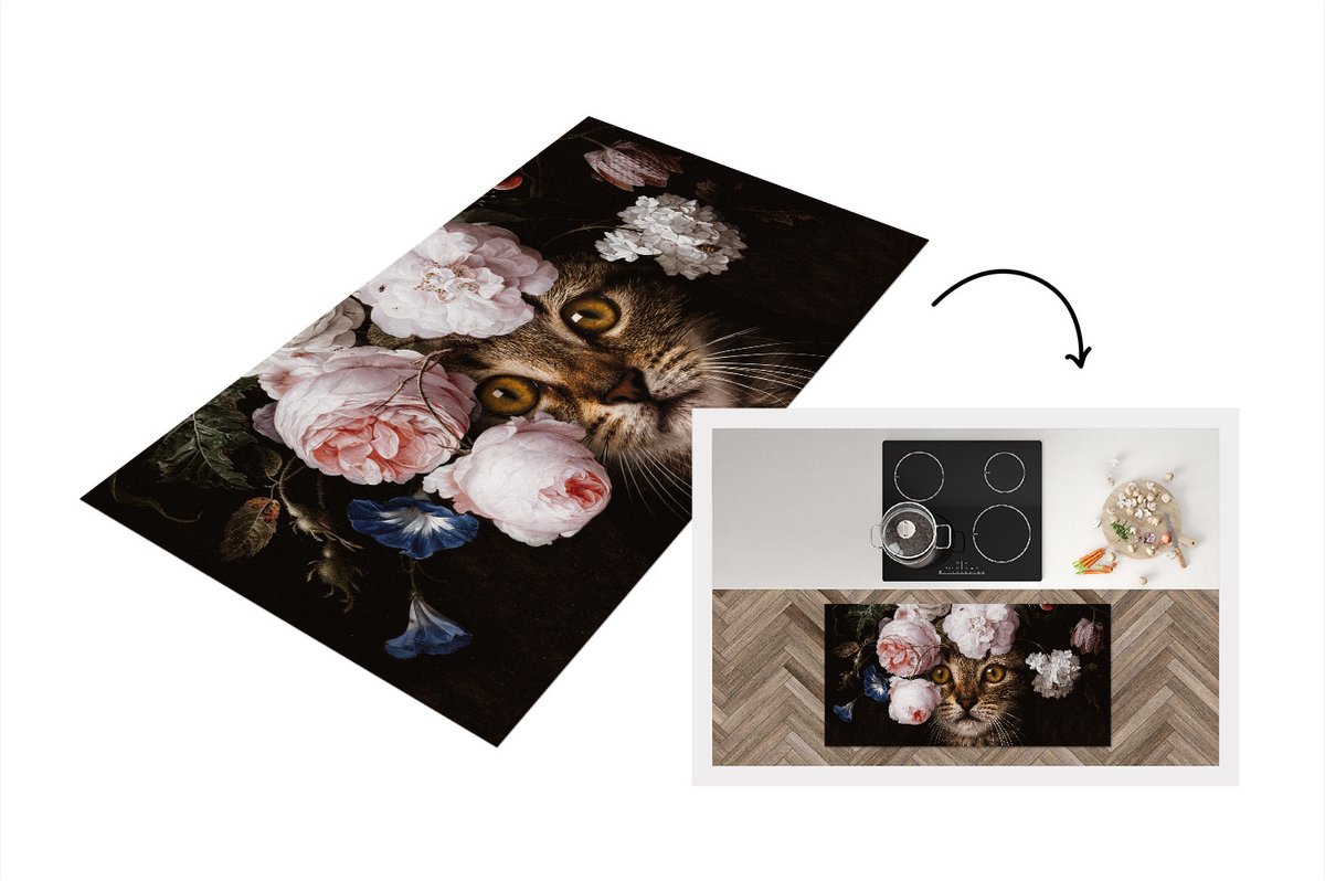 KitchenYeah Keukenloper - Loper keuken - Kat - Bloemen - Dieren - 120x60 cm - Keukenloper vinyl Multicolor