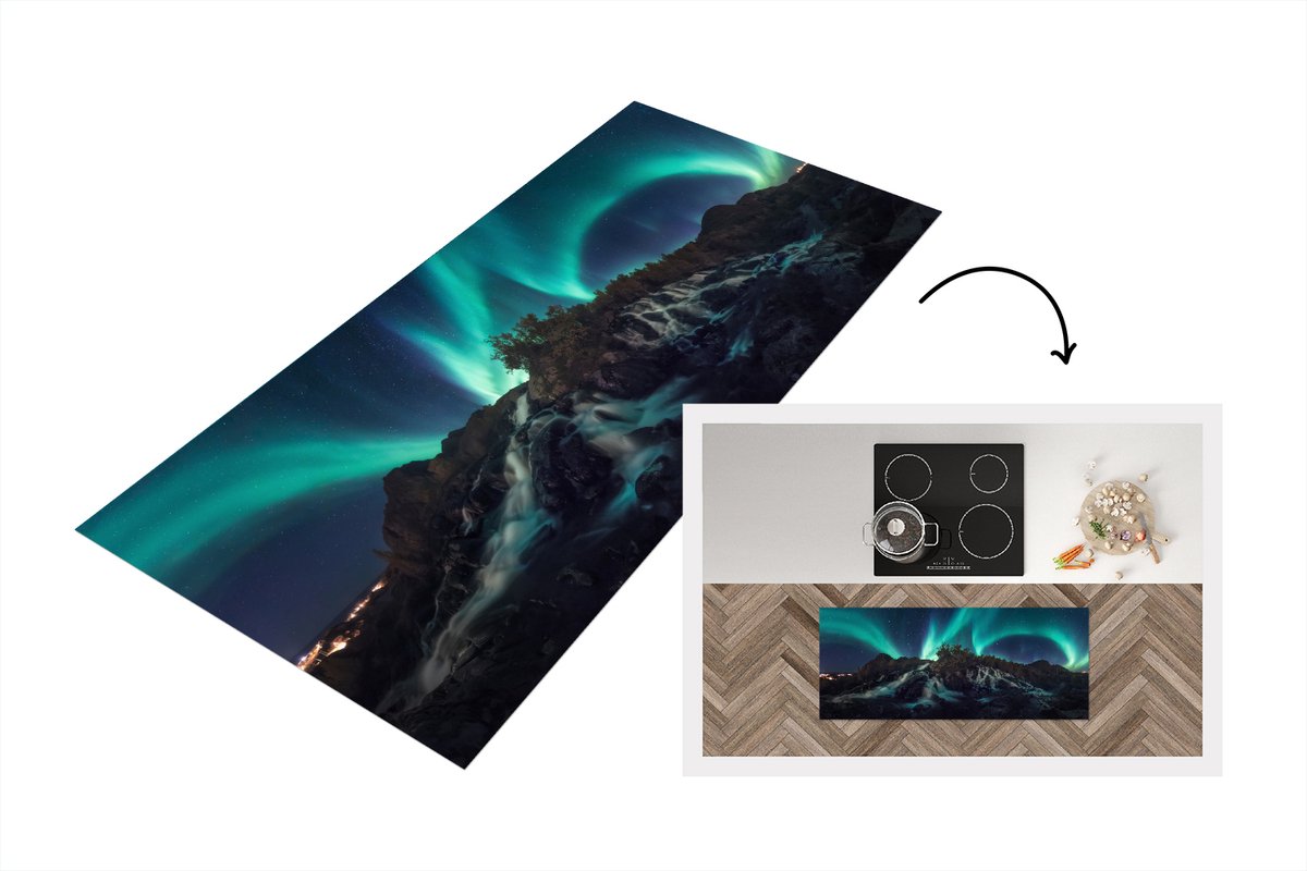 KitchenYeah Keukenloper - Loper keuken - Noorderlicht - Rotsen - Scandinavië - 120x50 cm - Keukenloper vinyl Multicolor