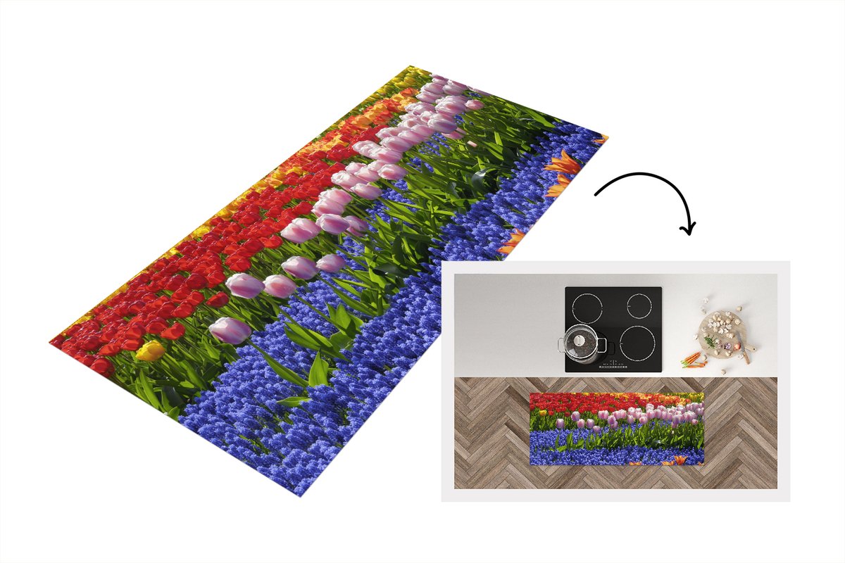 KitchenYeah Keukenloper - Loper keuken - Gekleurde tulpen en hyacinten in de Keukenhof in Zuid-Holland - 120x50 cm - Keukenloper vinyl Multicolor