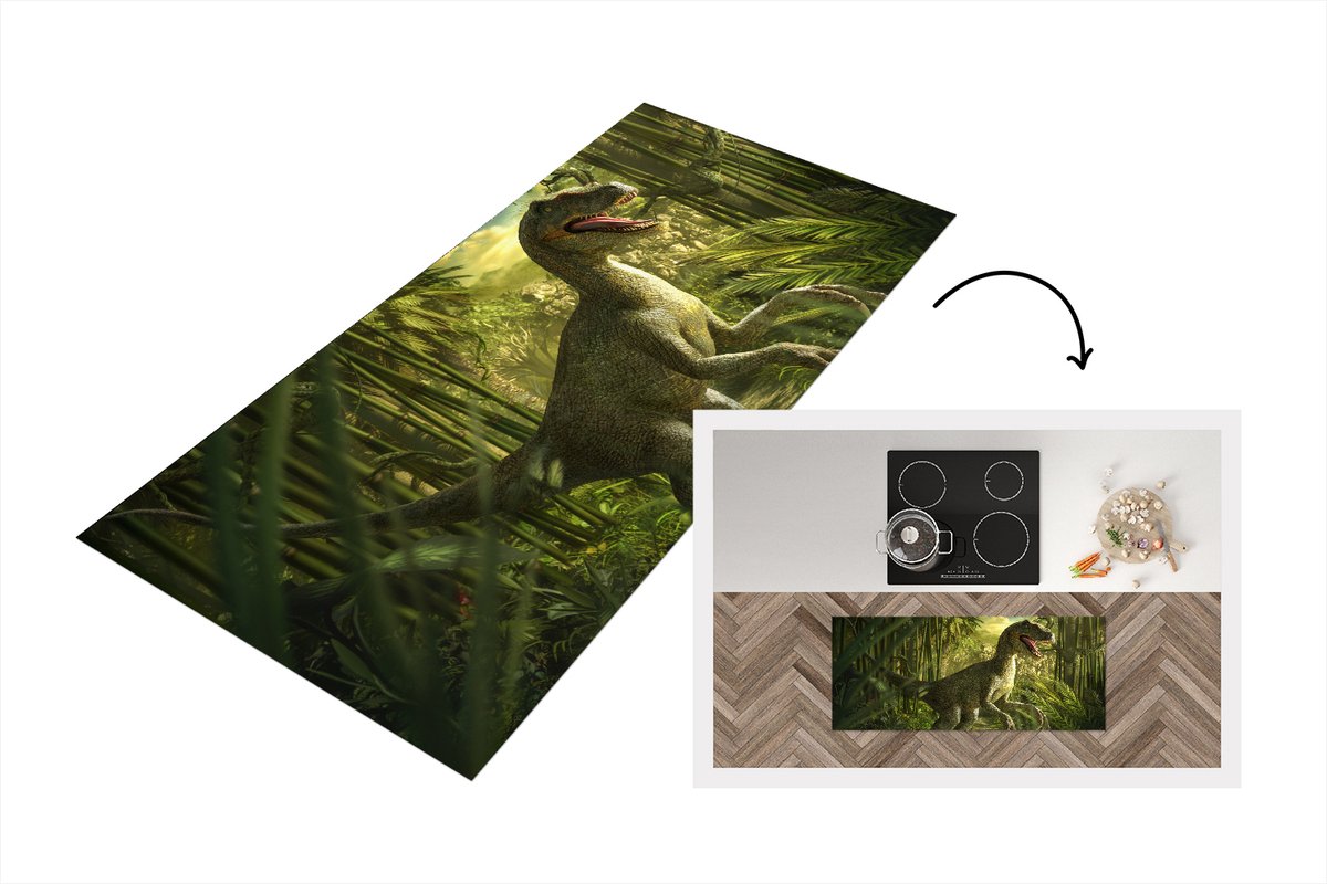 KitchenYeah Keukenloper - Loper keuken - Dinosaurus - Planten - Illustratie - 120x50 cm - Keukenloper vinyl Multicolor