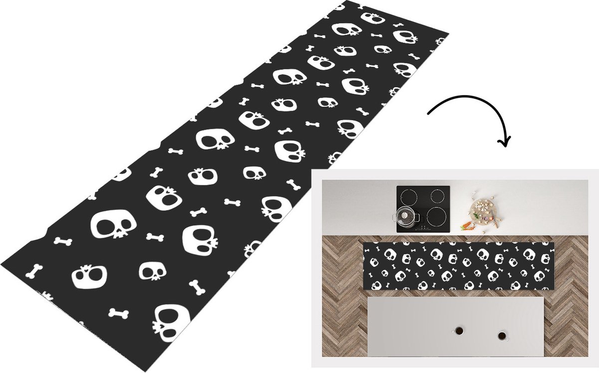 KitchenYeah Keukenloper - Loper keuken - Patronen - Skull - Skelet - Bot - 200x50 cm - Keukenloper vinyl Multicolor