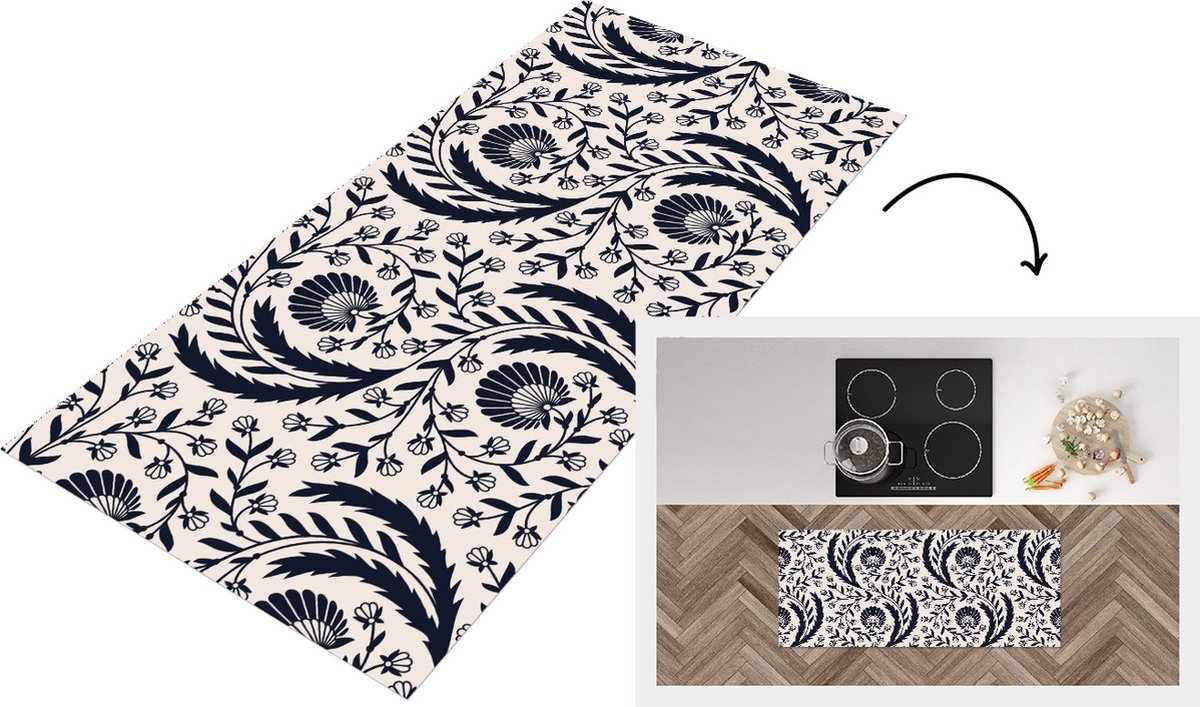 KitchenYeah Keukenloper - Loper keuken - Patroon - Bloem - Zwart - Keukenloper vinyl