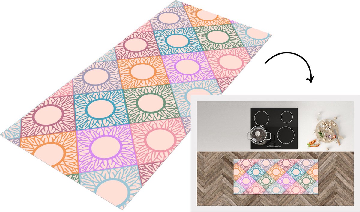 KitchenYeah Keukenloper - Loper keuken - Zonnebloem - Ruit - Patronen - 120x50 cm - Keukenloper vinyl Multicolor