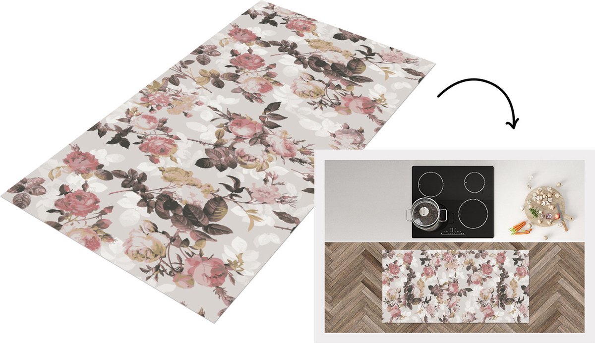 KitchenYeah Keukenloper - Loper keuken - Patroon - Bloem - Roze - 120x60 cm - Keukenloper vinyl Multicolor