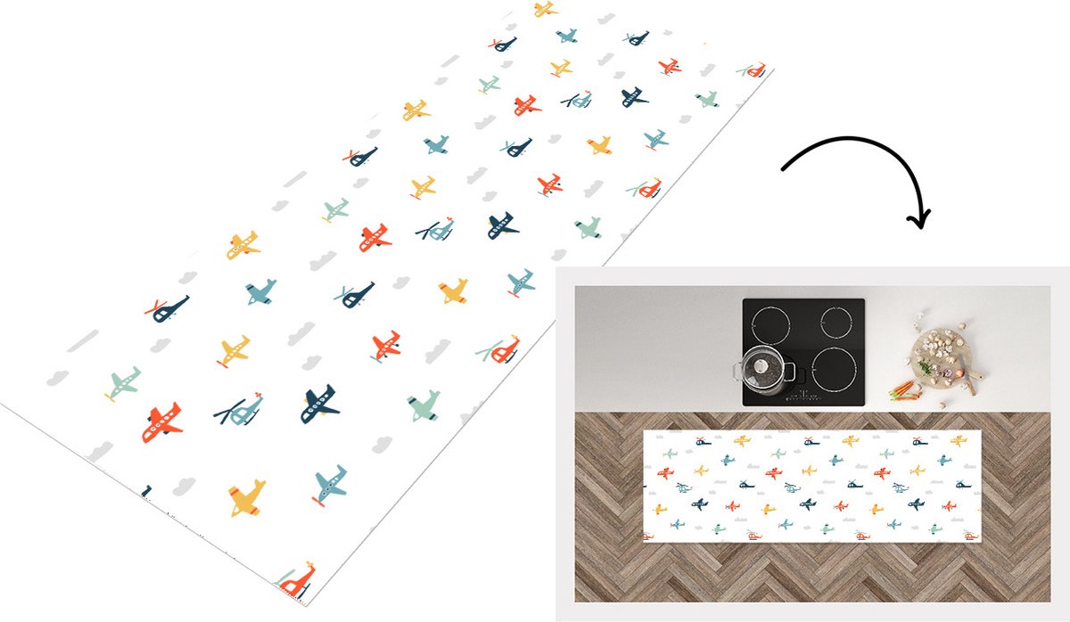 KitchenYeah Keukenloper - Loper keuken - Patronen - Helicopter - Vliegtuig - 180x60 cm - Keukenloper vinyl Multicolor