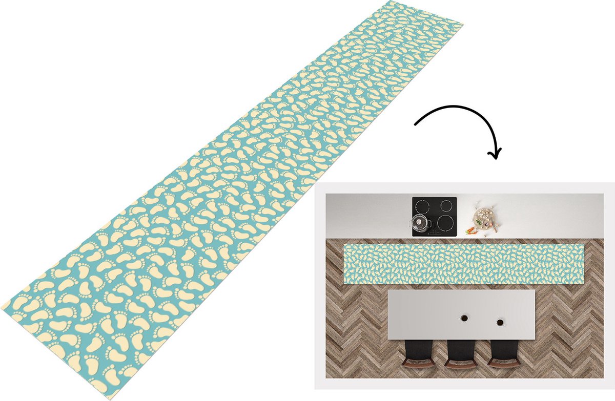 Keukenloper - Loper keuken - Patronen - Voet - Blauw - 300x50 cm - Keukenloper vinyl