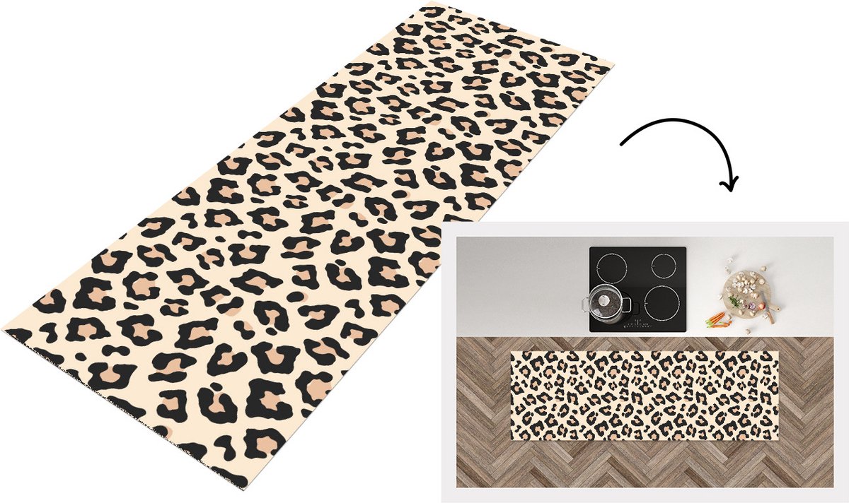 KitchenYeah Keukenloper - Loper keuken - Dierenprint - Panter - Wit - 150x50 cm - Keukenloper vinyl Multicolor