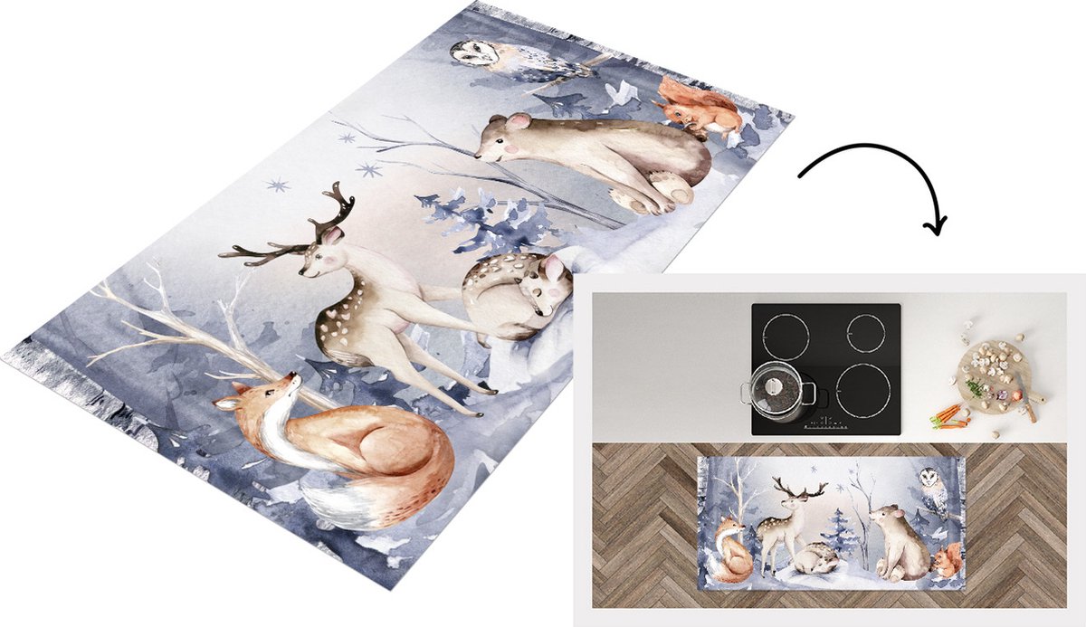 KitchenYeah Keukenloper - Loper keuken - Schilderij - Winter - Dieren - 120x60 cm - Keukenloper vinyl Multicolor