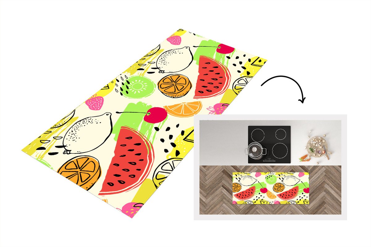 KitchenYeah Keukenloper - Loper keuken - Fruit - Sjablonen - Verf - 120x50 cm - Keukenloper vinyl Multicolor