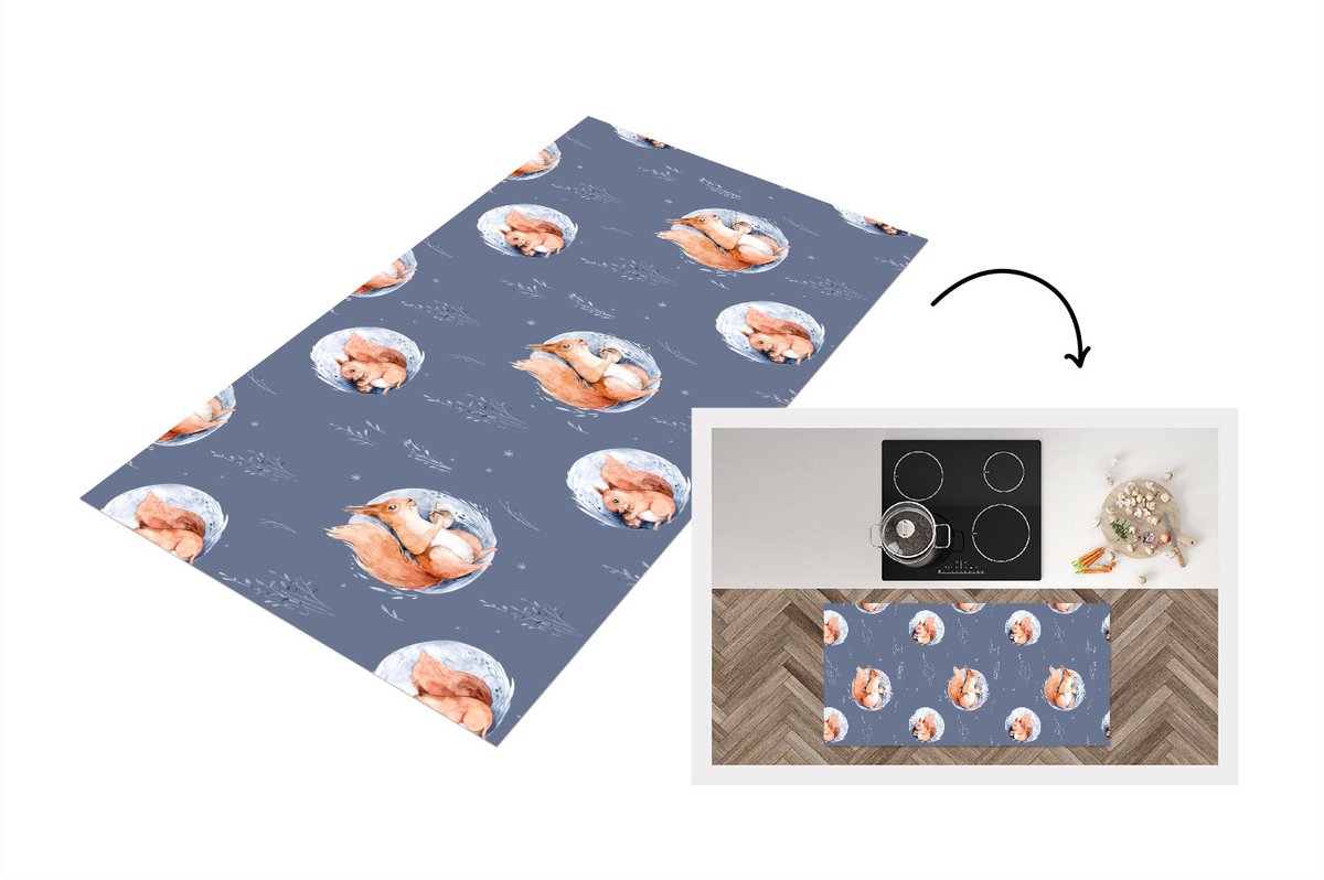 KitchenYeah Keukenloper - Loper keuken - Winter - Eekhoorn - Bubbel - 120x60 cm - Keukenloper vinyl Multicolor