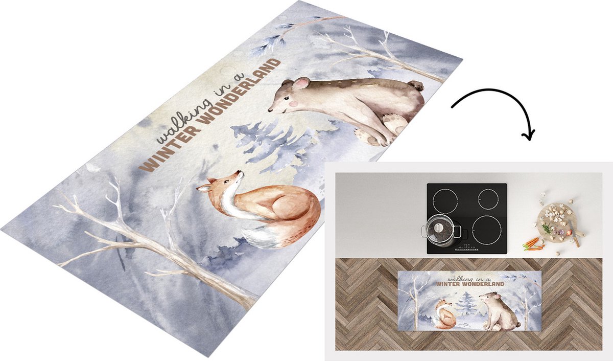 KitchenYeah Keukenloper - Loper keuken - Winter - Vos - Sneeuw - Beer - 120x50 cm - Keukenloper vinyl Multicolor