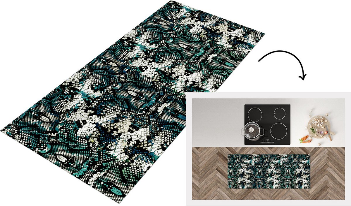 KitchenYeah Keukenloper - Loper keuken - Dierenprint - Turquoise - Wit - 120x50 cm - Keukenloper vinyl Multicolor