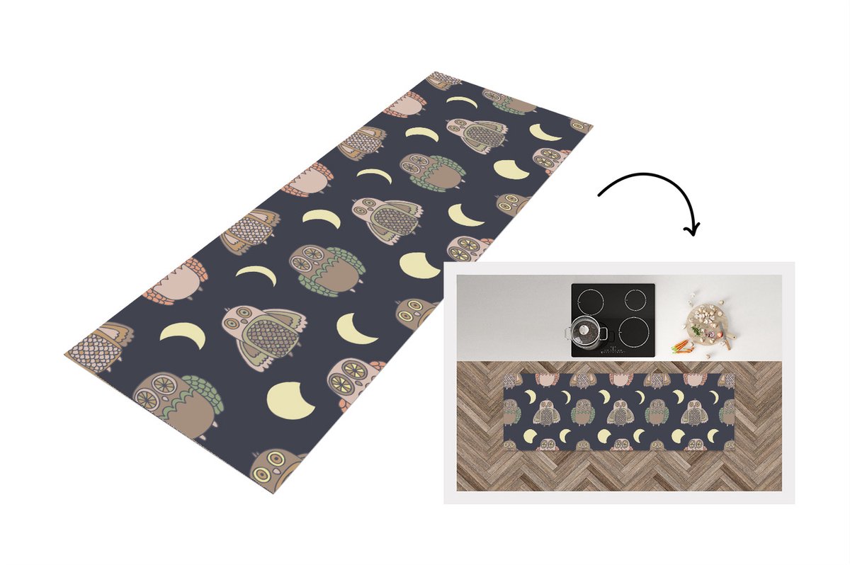 KitchenYeah Keukenloper - Loper keuken - Uil - Patronen - Maan - 180x60 cm - Keukenloper vinyl Multicolor
