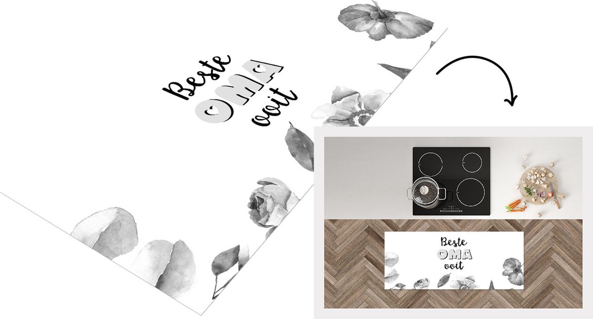 KitchenYeah Keukenloper - Loper keuken - Spreuken - Quotes Beste Oma Ooit - Bloemen - Moederdag cadeautje - Oma - zwart wit - 120x50 cm - Keukenloper vinyl Zwart; Wit