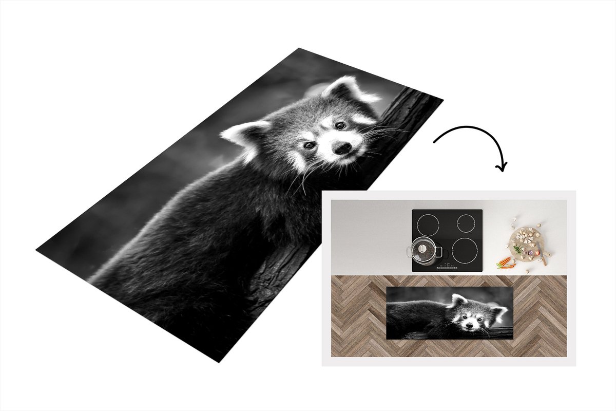 KitchenYeah Keukenloper - Loper keuken - Rode panda op een boomstam - zwart wit - 120x50 cm - Keukenloper vinyl Zwart; Wit