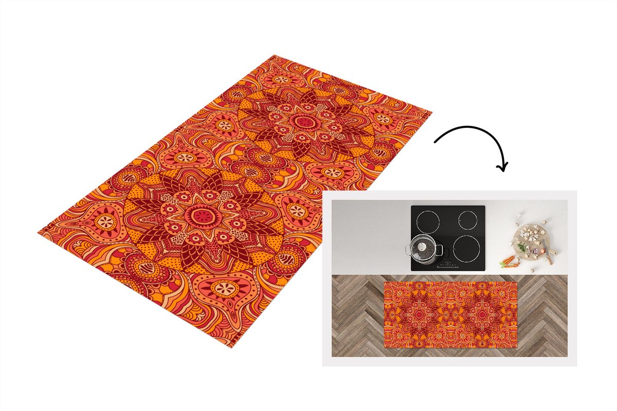 KitchenYeah Keukenloper - Loper keuken - Mandala - Patroon - Vintage - Oranje - Rood - 120x60 cm - Keukenloper vinyl Multicolor