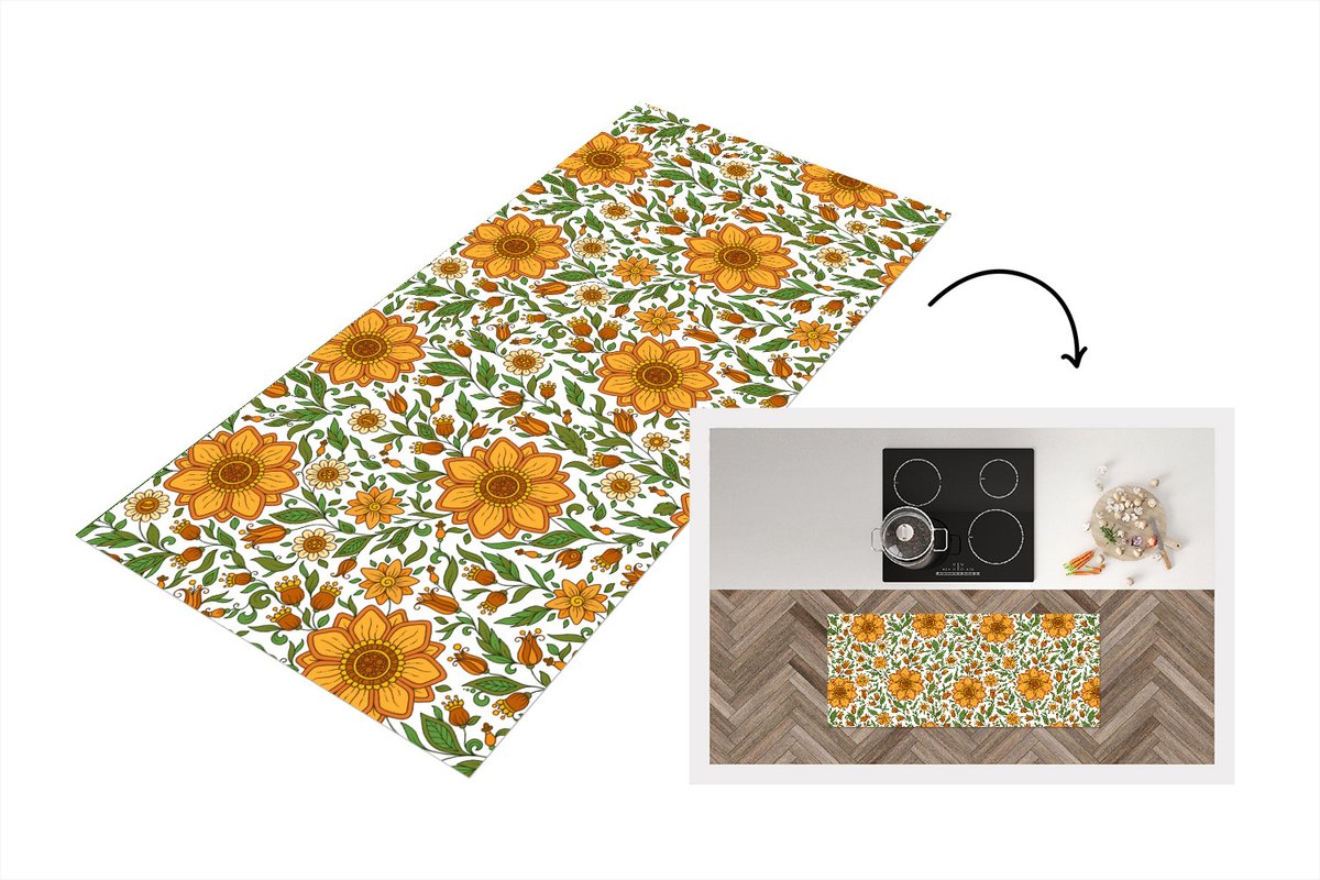 KitchenYeah Keukenloper - Loper keuken - Bloemen - Oranje - Design - Keukenloper vinyl Multicolor