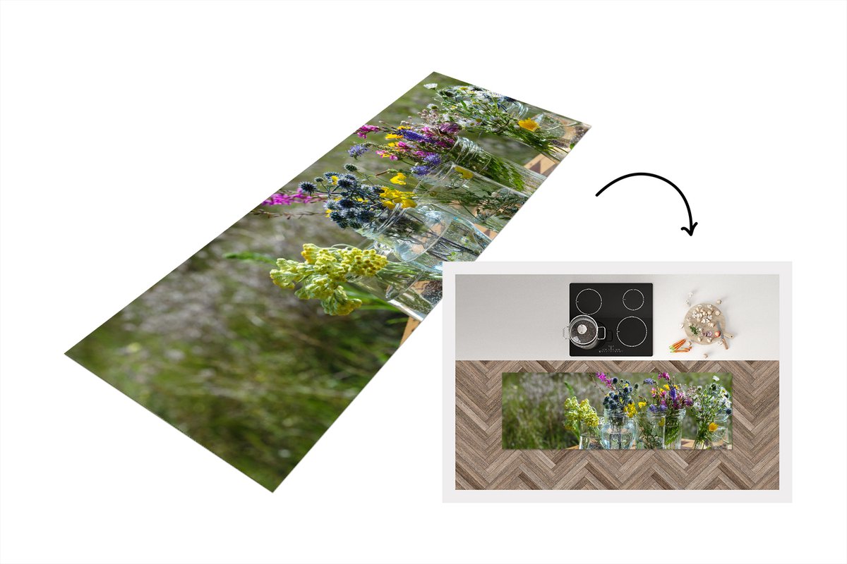 KitchenYeah Keukenloper - Loper keuken - Vaas - Bloemen - Kleuren - 150x50 cm - Keukenloper vinyl Multicolor