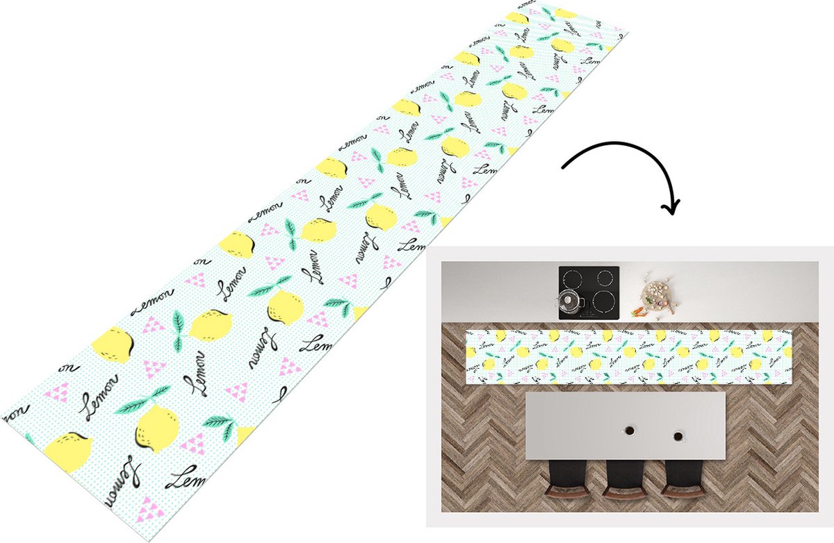 Keukenloper - Loper keuken - Hipster - Citroen - Pastel - Patronen - 300x50 cm - Keukenloper vinyl