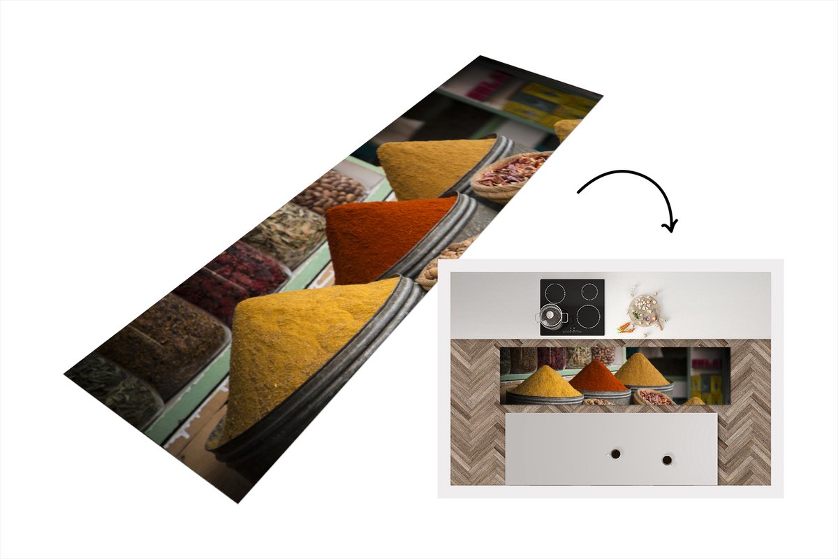 KitchenYeah Keukenloper - Loper keuken - Kruiden - Ton - Specerijen - 200x50 cm - Keukenloper vinyl Multicolor