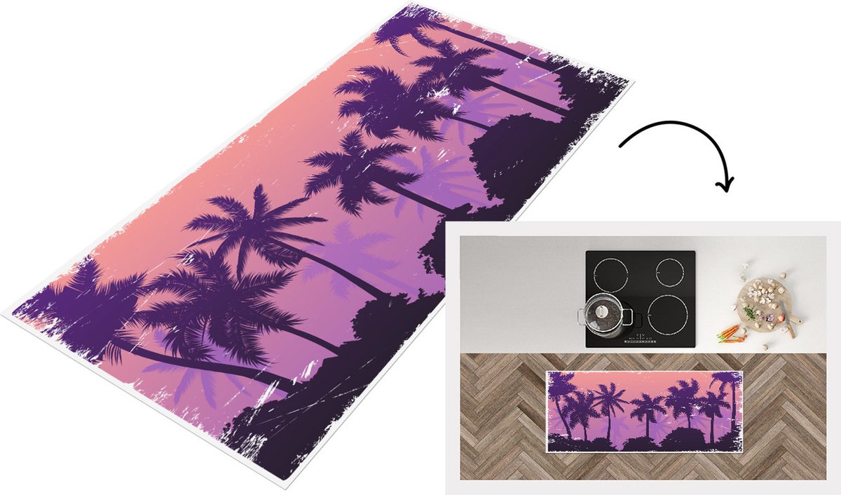 KitchenYeah Keukenloper - Loper keuken - Palmbomen - Nacht - Zomer - 120x50 cm - Keukenloper vinyl Multicolor