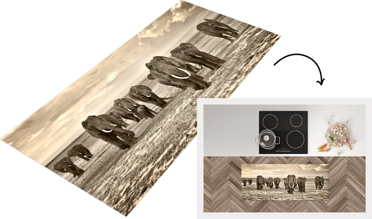 KitchenYeah Keukenloper - Loper keuken - Olifant - Afrikaans - Sepia - 120x50 cm - Keukenloper vinyl Multicolor