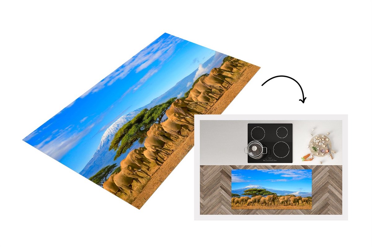 KitchenYeah Keukenloper - Loper keuken - Olifant - Berg - Safari - 120x60 cm - Keukenloper vinyl Multicolor